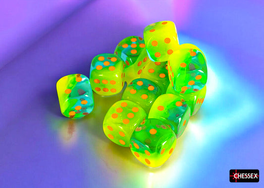 Gemini Plasma Green-Teal/orange Luminary 16mm d6 Dice Block (12 dice)